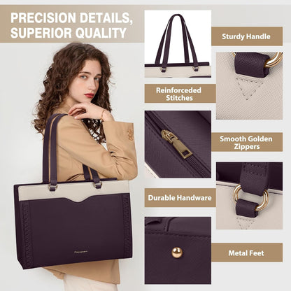 RAINSMORE Laptop Bag for Women 15.6 Inch Work Tote Bag with Detachable Strap & Bow Leather Laptop Tote with Cup Holder
