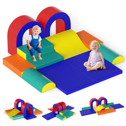 Olakids Toddler Climbing Toys Indoor, 10 Pieces Baby Foam Blocks Soft Play Set with PU Leather, Kids Climb Crawling Activity Gym Playground for 1+ Years (Brown)