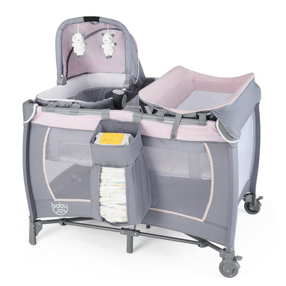 BABY JOY 5 in 1 Pink Pack and Play, Portable Baby Playard with Bassinet & Changing Table, Infant Pink Girl Bassinet Center w/Hangings & Music & Oxford Bag for Baby Toddlers (Rose, Dot Circle)