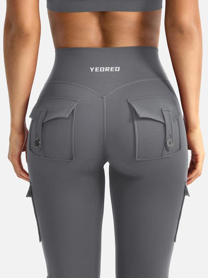 YEOREO CoreFlex Damen Workout Schlaghose Leggings mit Taschen Versteckter Scrunch High Waist Cargo Gym Yoga Leggings ohne Vorderseite