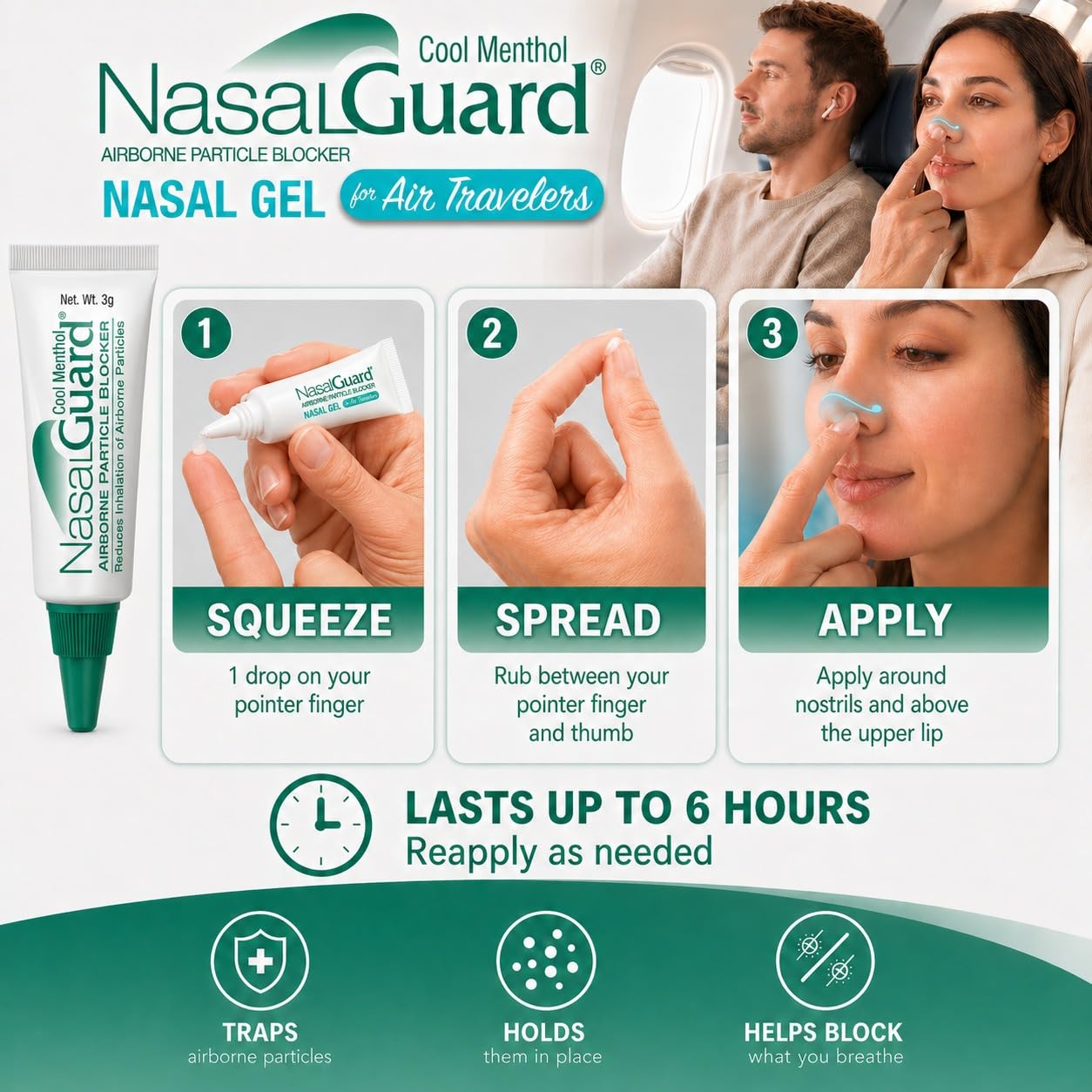 for Air Travelers | Cabin Air Protection Gel | Helps Block Dust, Mold & Airborne Contaminants | Drug-Free, Applied Around Nose | TSA Friendly | 150+ Uses (Unscented, 10g, Pack of 6)