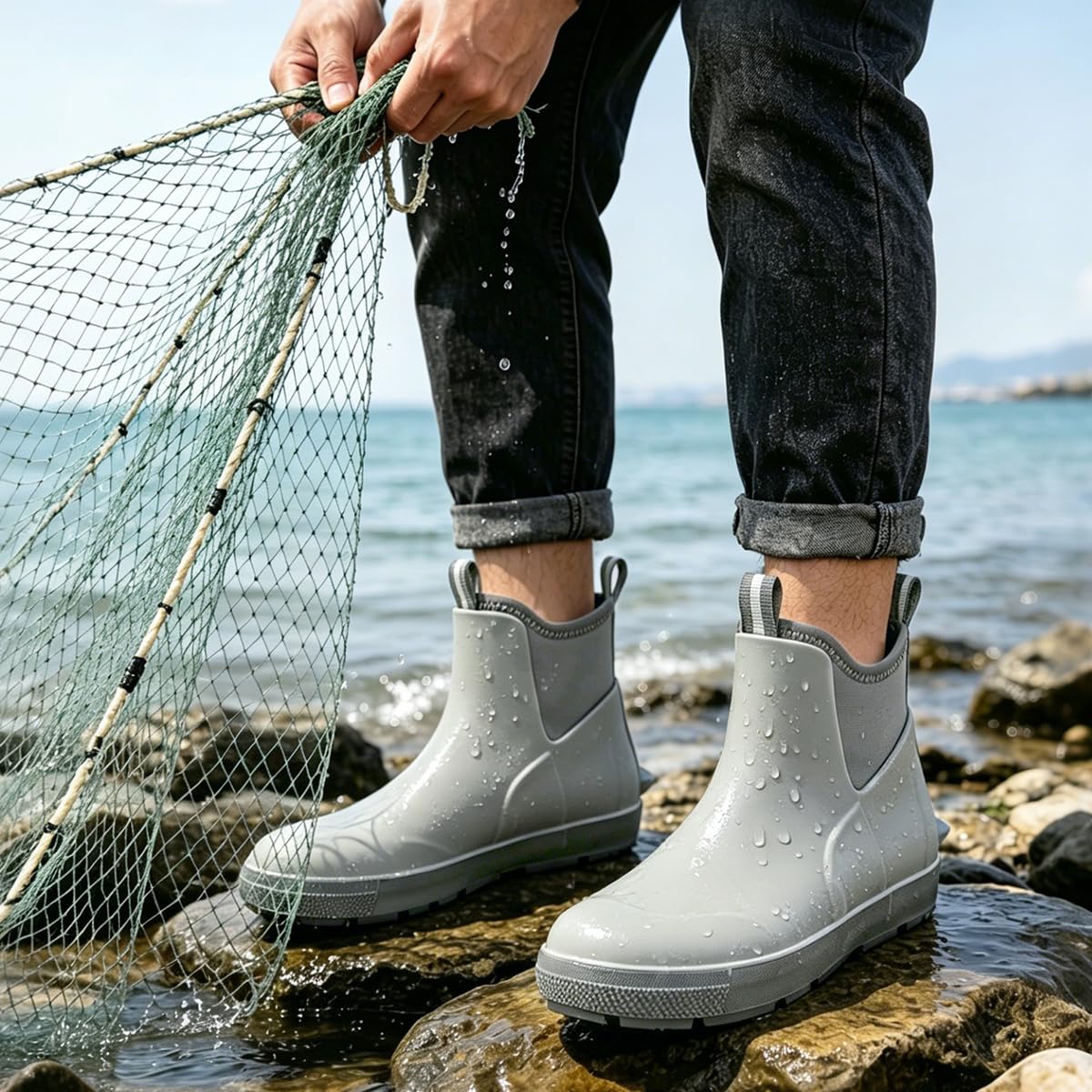 Men's Deck Boots, Waterproof Ankle Rain Boots with Anti-Slip Traction, Rubber Garden & Fishing Boots for Boating, Camping, Farming & Outdoor Work