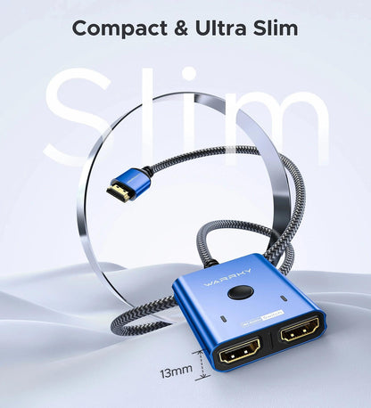 HDMI-Umschalter 2 Eingänge 1 Ausgang 4K@60Hz, WARRKY [mit 1m festem geflochtenen HDMI-Kabel, Aluminiumgehäuse, 2K@144Hz, HDCP 2.2] Bidirektionaler 2x1 Switcher Splitter kompatibel mit PS5/4, Xbox, Roku, FireStick, Switch