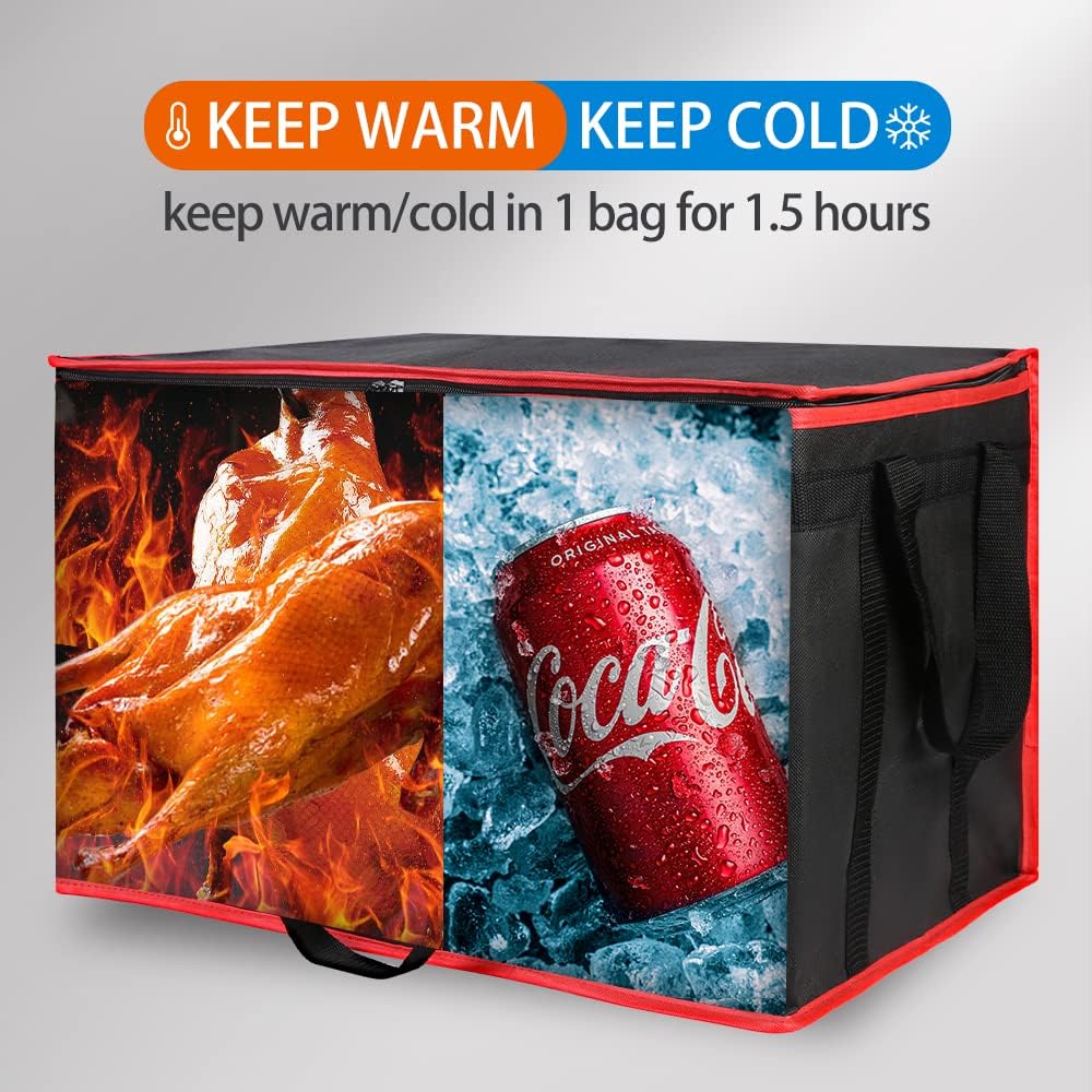 Bodaon Isolierte Essensliefertasche - Warm- & Kalthaltetransporttasche, Catering/Doordash Pizzawärmer, Einkaufstasche, Kühltasche für Partys (Schwarz-Rot, 1 St.), Ideal für den Transport warmer Speisen