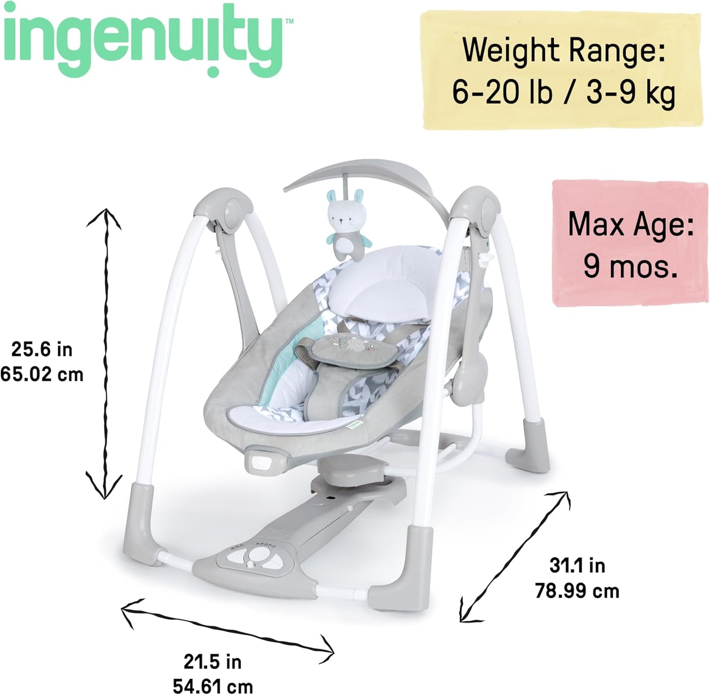 Ingenuity ConvertMe 2-in-1 Kompakte tragbare automatische Babyschaukel & Babysitz, batteriebetriebene Vibrationen, Naturgeräusche, 0-9 Monate 2,7-9 kg (Raylan)