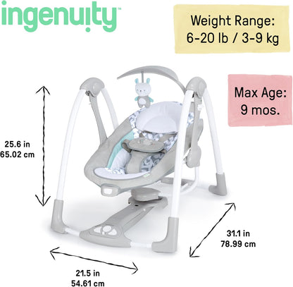 Ingenuity ConvertMe 2-in-1 Kompakte tragbare automatische Babyschaukel & Babysitz, batteriebetriebene Vibrationen, Naturgeräusche, 0-9 Monate 2,7-9 kg (Raylan)