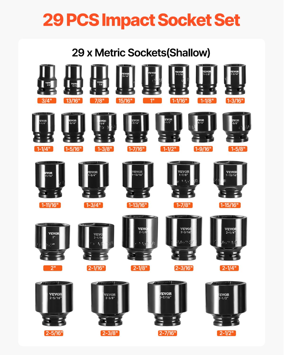 VEVOR 91-Piece 1/2" Drive Impact Socket Set, SAE (5/16" to 1-1/4") & Metric (8 to 32 mm), CR-V, Deep & Shallow, 6 Point, Ratchet Handle, Universal Joint, Adapters, Extension Bars (3, 5, 10 in)