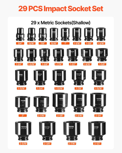 VEVOR 91-Piece 1/2" Drive Impact Socket Set, SAE (5/16" to 1-1/4") & Metric (8 to 32 mm), CR-V, Deep & Shallow, 6 Point, Ratchet Handle, Universal Joint, Adapters, Extension Bars (3, 5, 10 in)