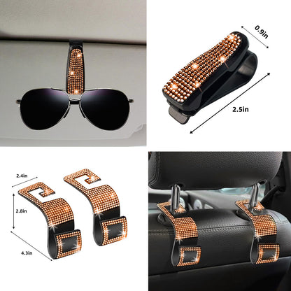 NBTEPEM 27-Piece Bling Car Accessories Set - Universal Fit Steering Wheel Covers, License Plate Frames, Phone Holder, Car Fast Charger, Coasters (Pink)