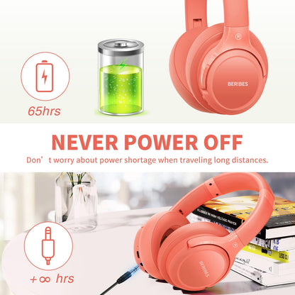 Auriculares Bluetooth BERIBES de diadema, 65H de reproducción y 6 modos de ecualización Auriculares inalámbricos con micrófono, auriculares plegables ligeros HiFi estéreo, graves profundos para oficina en casa, teléfono móvil, PC, etc.