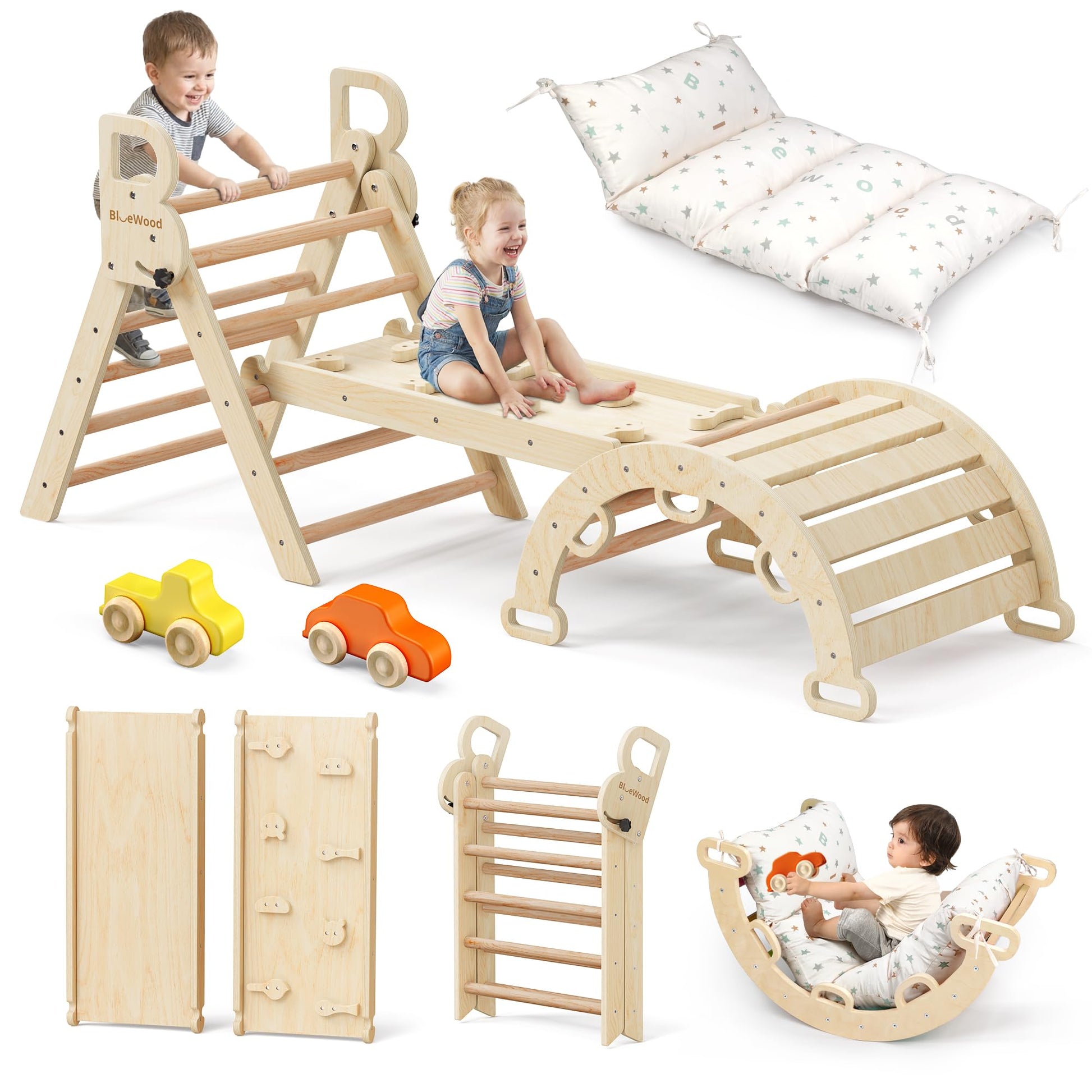 BlueWood Pikler Triangle Set with Cushion, 8-in-1 Climbing Toys for Toddlers, Montessori Philosophy Play Jungle Gym with Arch, Ramp, Ladder(Natural Wood)
