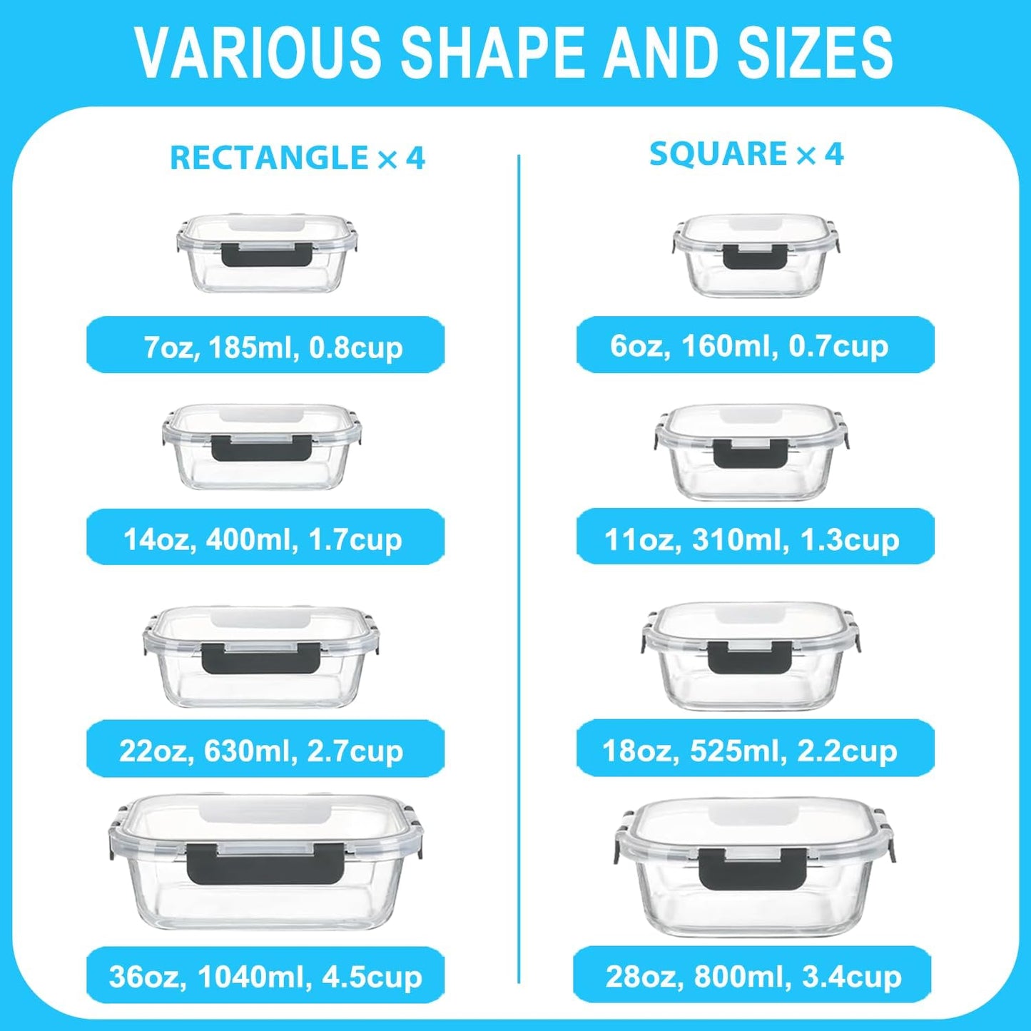 Pure Future 10-teiliges Set (5er-Pack, 1 l) Borosilikatglas-Lebensmittelbehälter mit verbesserten abnehmbaren Verschlussdeckeln – auslaufsichere Essenszubereitungs-Lunchboxen, ofen-/mikrowellengeeignet