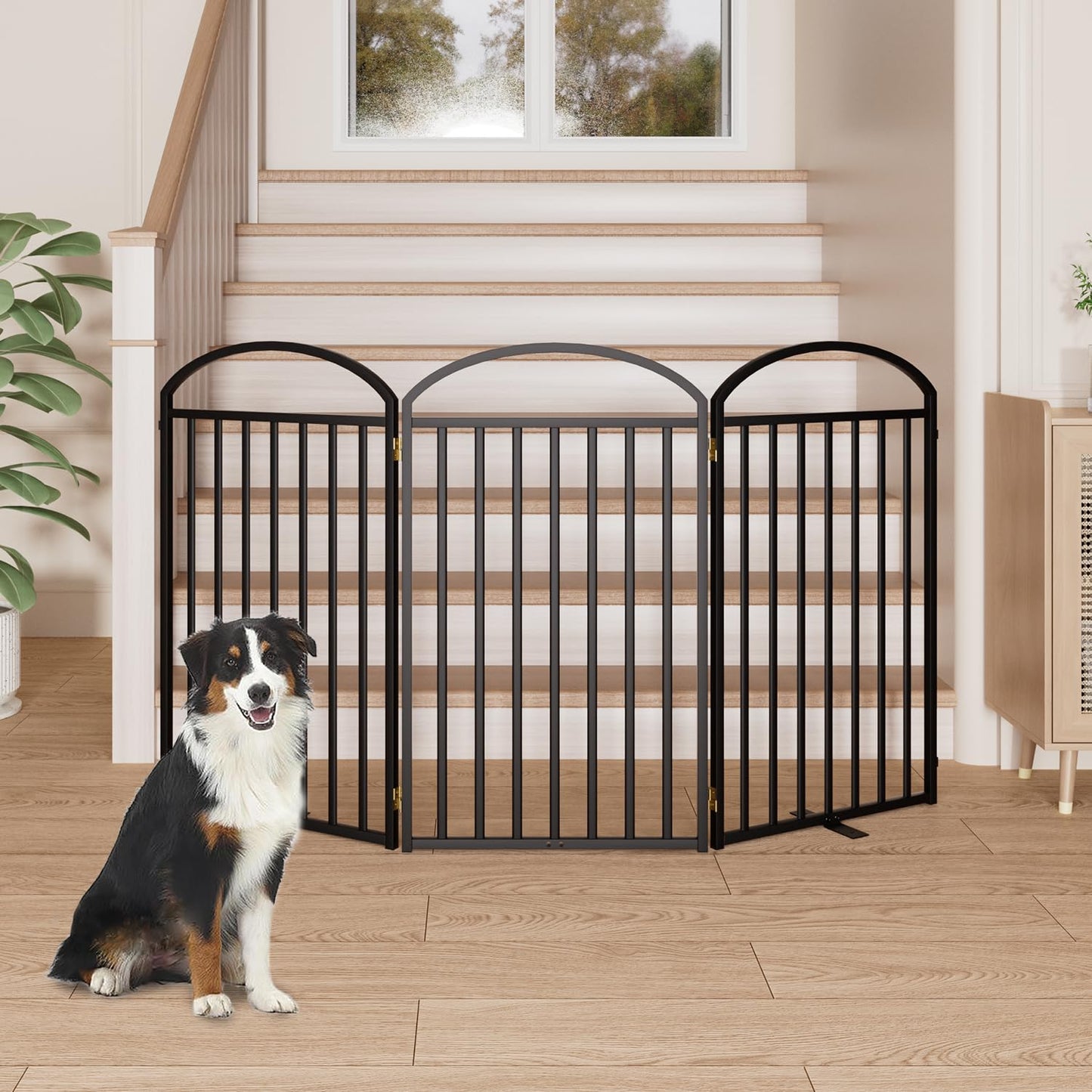 SNUOWU 4 Panels Full Matel Freestanding Dog Gates with Door, 96"Extra Wide 36"Tall Free Standing Dog Pet Gate for Indoor & Outdoor. Foldable Pet Fences for Doorways, House, Stairs, Porch, Deck, Yard