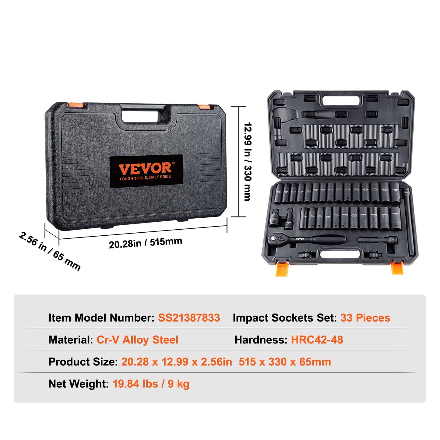 VEVOR 91-Piece 1/2" Drive Impact Socket Set, SAE (5/16" to 1-1/4") & Metric (8 to 32 mm), CR-V, Deep & Shallow, 6 Point, Ratchet Handle, Universal Joint, Adapters, Extension Bars (3, 5, 10 in)