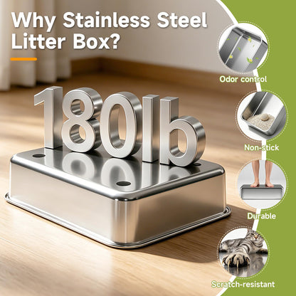 Stainless Steel Cat Litter Box, Odor Free Metal Litter Box with High Sides Lid, Open Top Low Entry Litter Pan Include Scoop Easy Cleaning Anti-Scratch Kitty Cat Box Anti-Urine Leakage, Non-Sticky