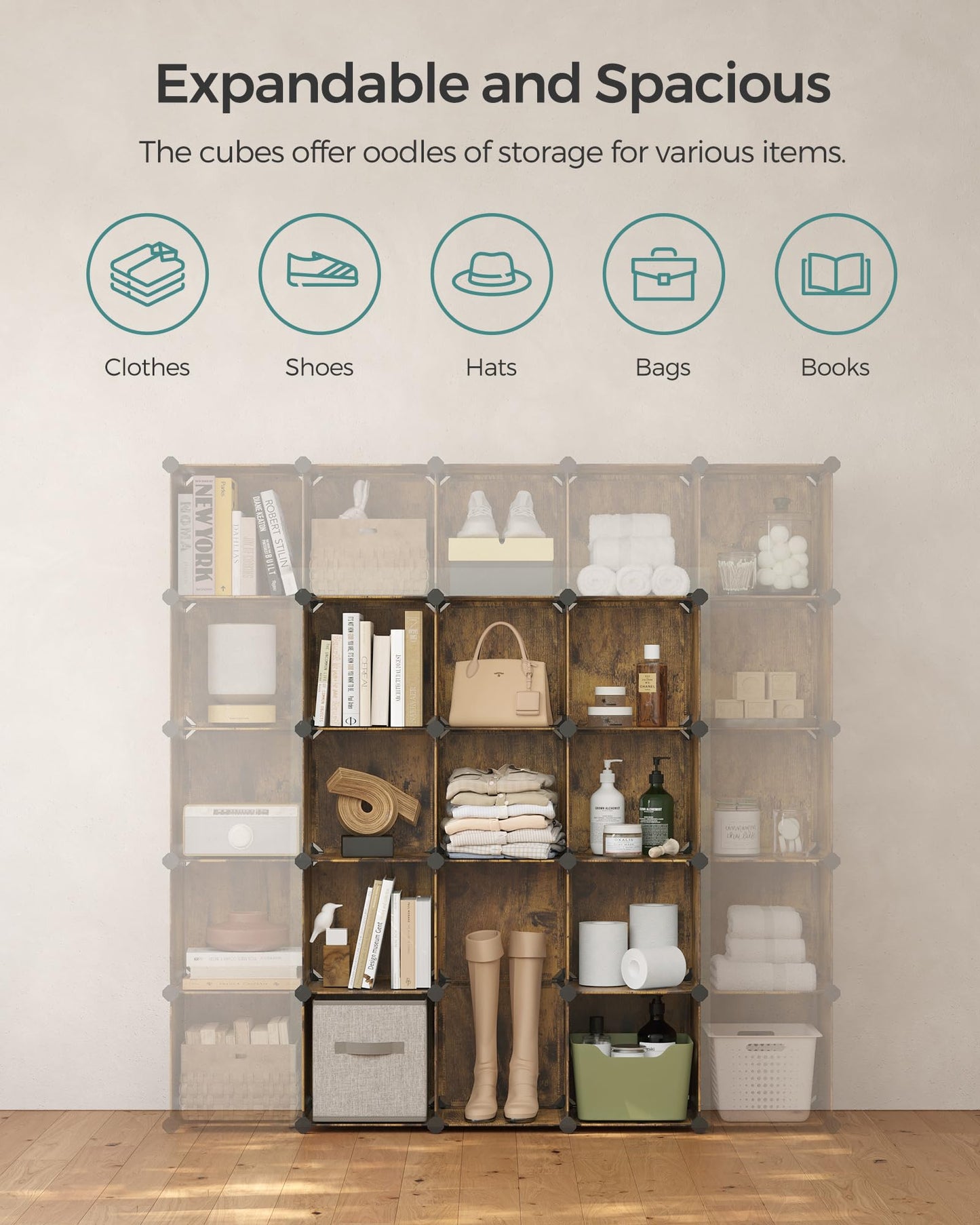 SONGMICS Cube Storage Organizer, Set of 16 Plastic Cubes, Closet Organizers and Storage, Room Organization, Bedroom Living Room, 12.2 x 48.4 x 48.4 Inches, Rustic Brown ULPC442A01