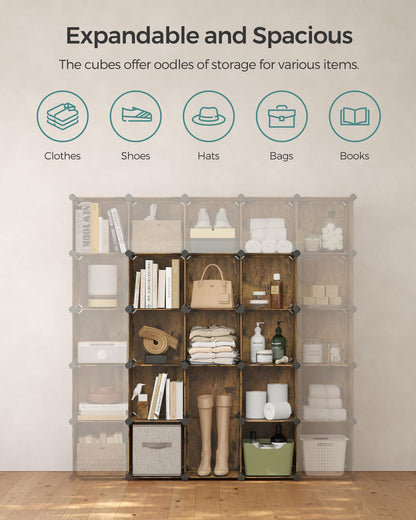 SONGMICS Cube Storage Organizer, Set of 16 Plastic Cubes, Closet Organizers and Storage, Room Organization, Bedroom Living Room, 12.2 x 48.4 x 48.4 Inches, Rustic Brown ULPC442A01