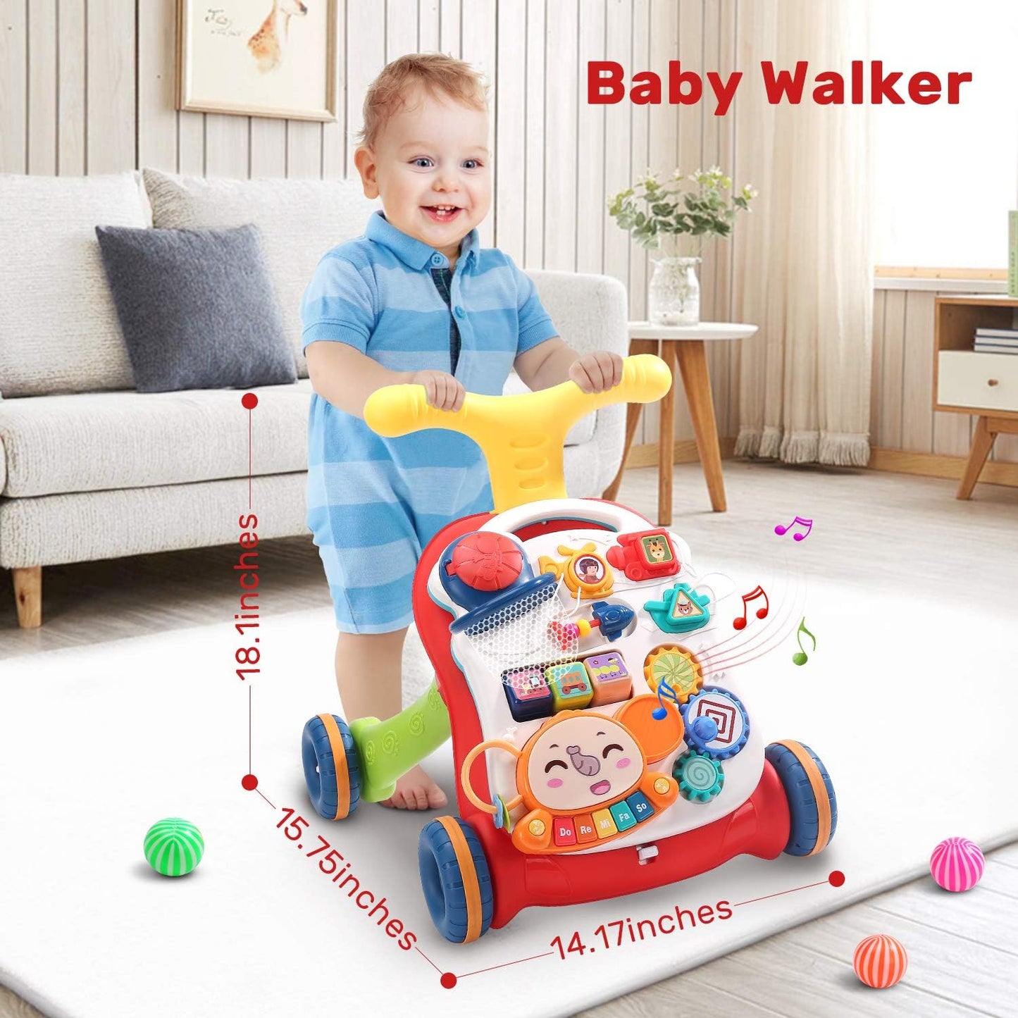 CUTE STONE Sitz-Steh-Lernlaufwagen, 2-in-1 Baby-Lauflernhilfe, frühpädagogisches Aktivitätszentrum für Kinder, multifunktionale abnehmbare Spielkonsole, musikalisches Lernspielzeug für Kleinkinder, Jungen und Mädchen