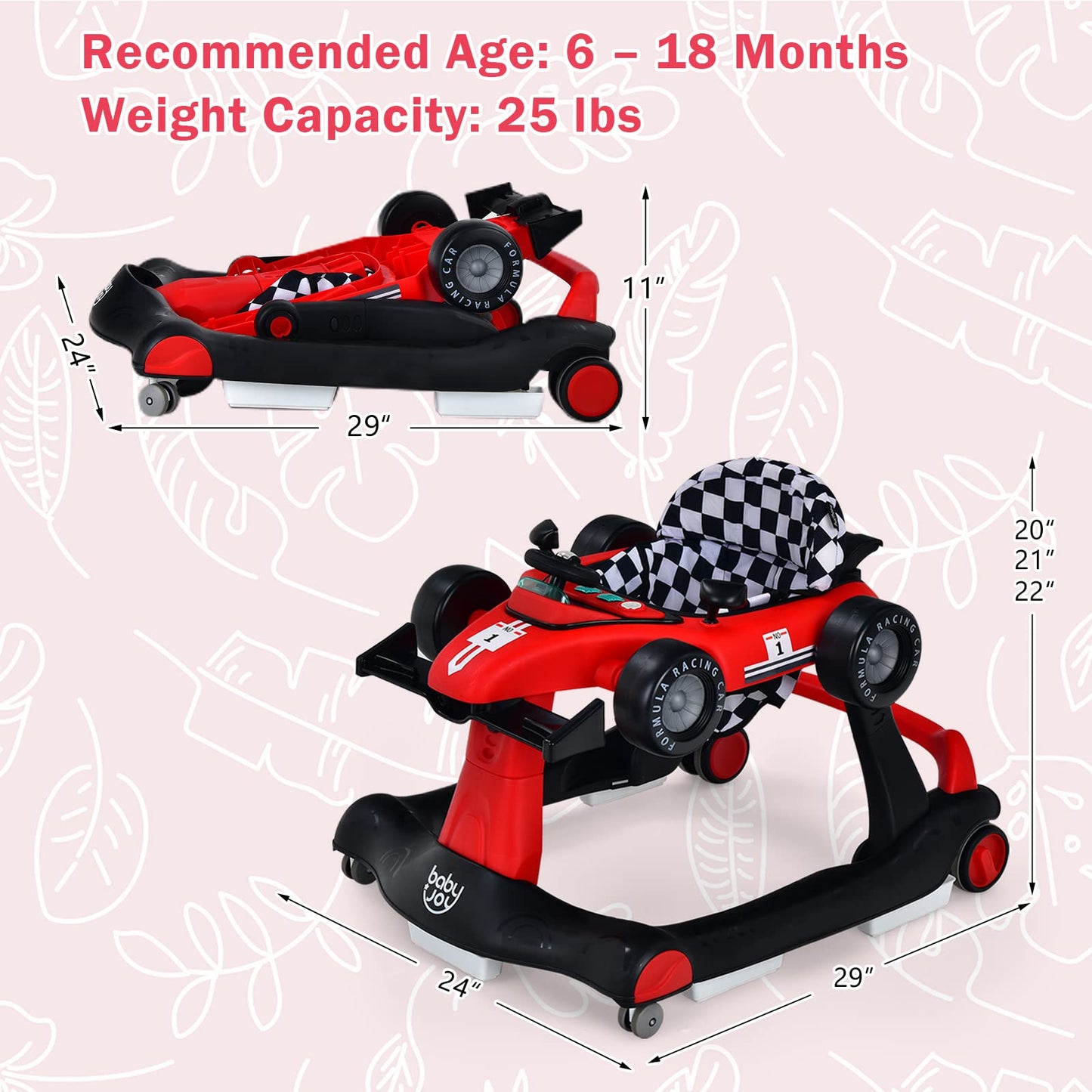 BABY JOY 4-in-1 Baby Walker, Foldable Activity Walker with Adjustable Height & Speed, Music, Lights, Anti-Rollover, Toddler Push Walker, Baby Walker with Wheels for Boys Girls 6-18 Months (Pink)