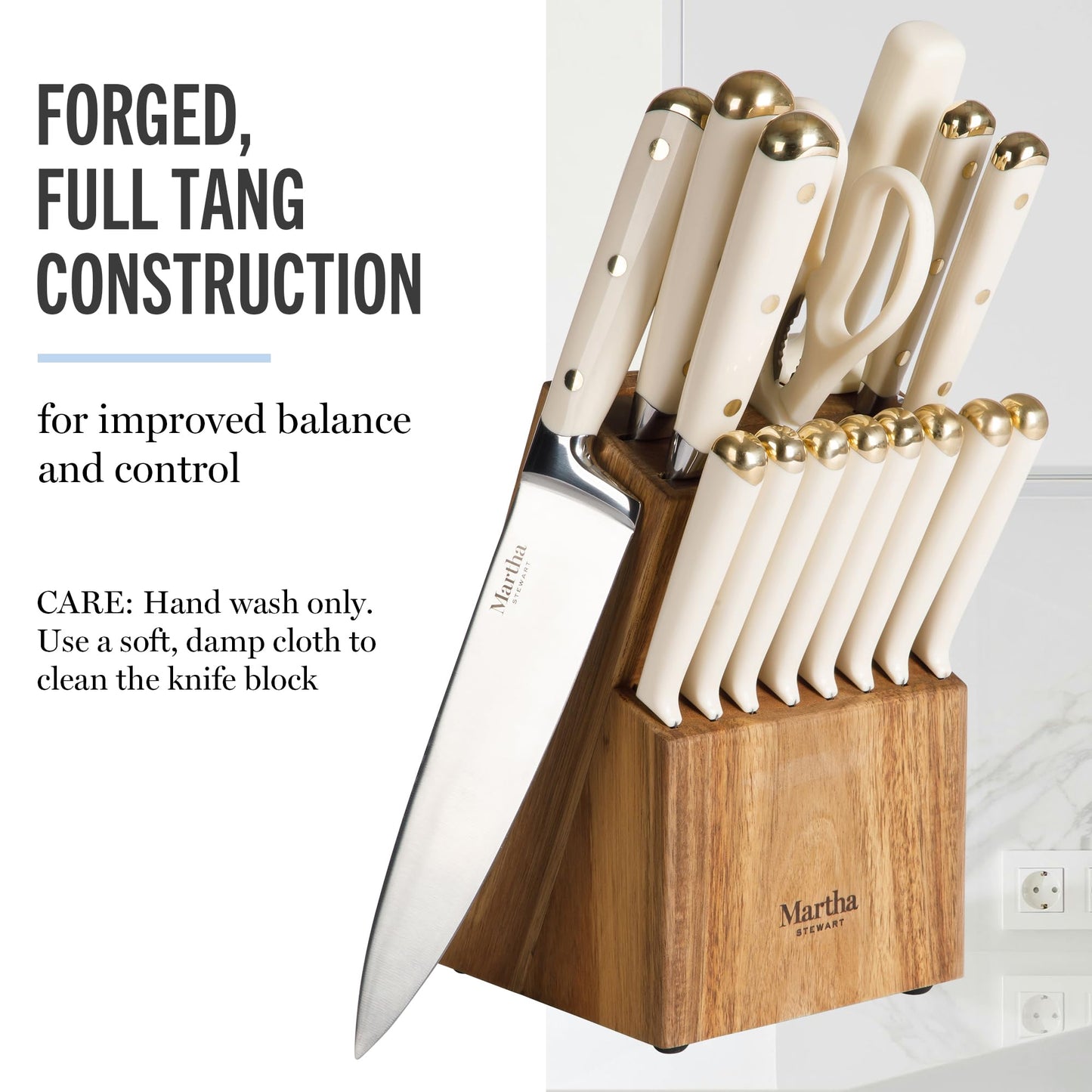 Martha Stewart Knife Block Set 16-Piece - Lockton High Carbon Stainless Steel Forged Full Tang Chef Knives, Acacia Wood Block, Triple Riveted Handles, Linen White & Gold
