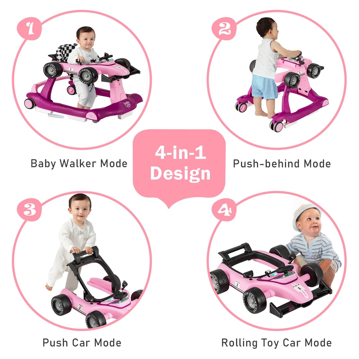 BABY JOY 4-in-1 Baby Walker, Foldable Activity Walker with Adjustable Height & Speed, Music, Lights, Anti-Rollover, Toddler Push Walker, Baby Walker with Wheels for Boys Girls 6-18 Months (Pink)