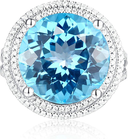 Aienid 18Ct White Gold Wedding Rings for Women Round Brilliant 12Ct Big Blue Topaz Wedding Rings for Women