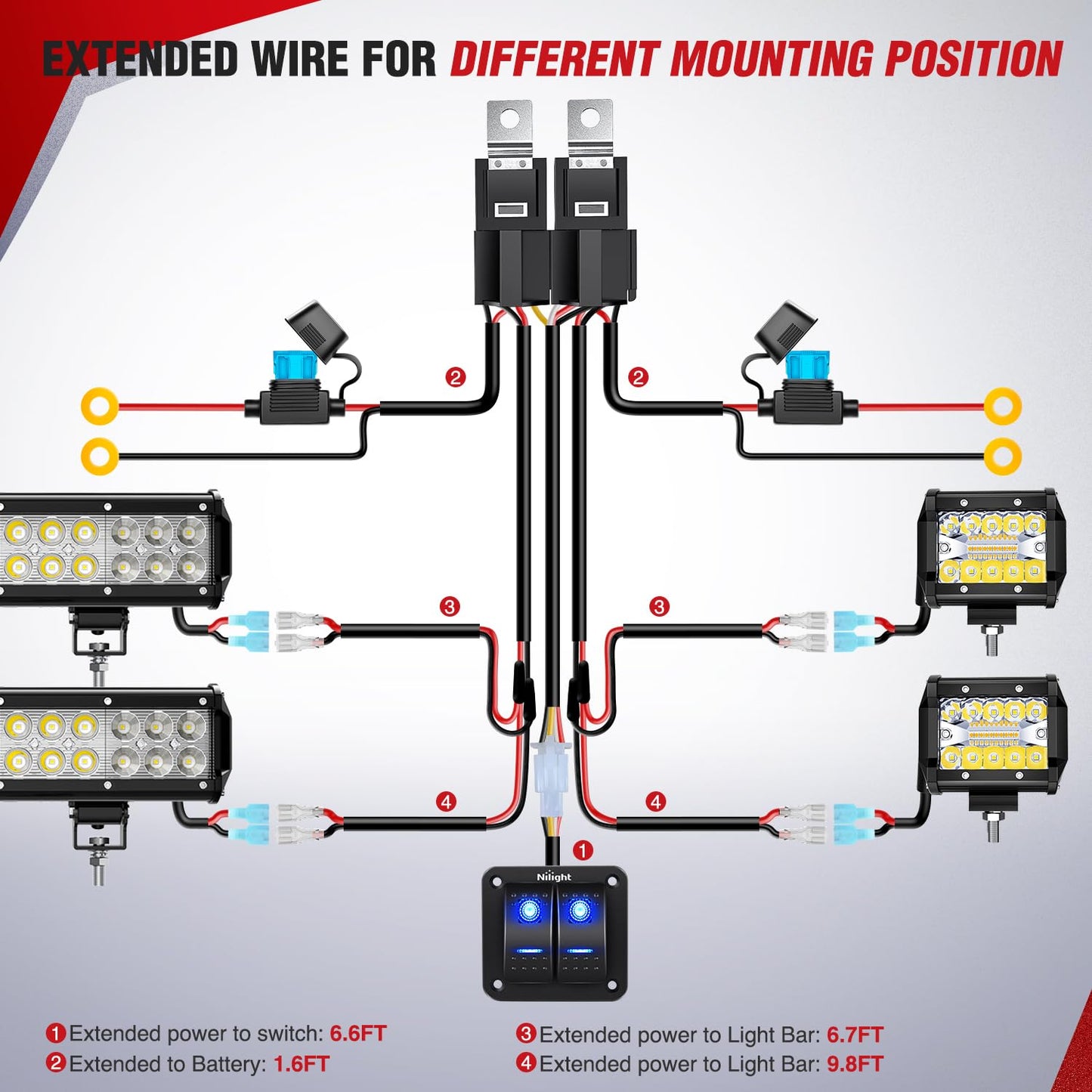 Nilight - NI -WA 06 LED Light Bar Wiring Harness Kit - 2 Leads 12V On Off Switch Power Relay Blade Fuse for Off Road Lights LED Work Light, 2 Years Warranty