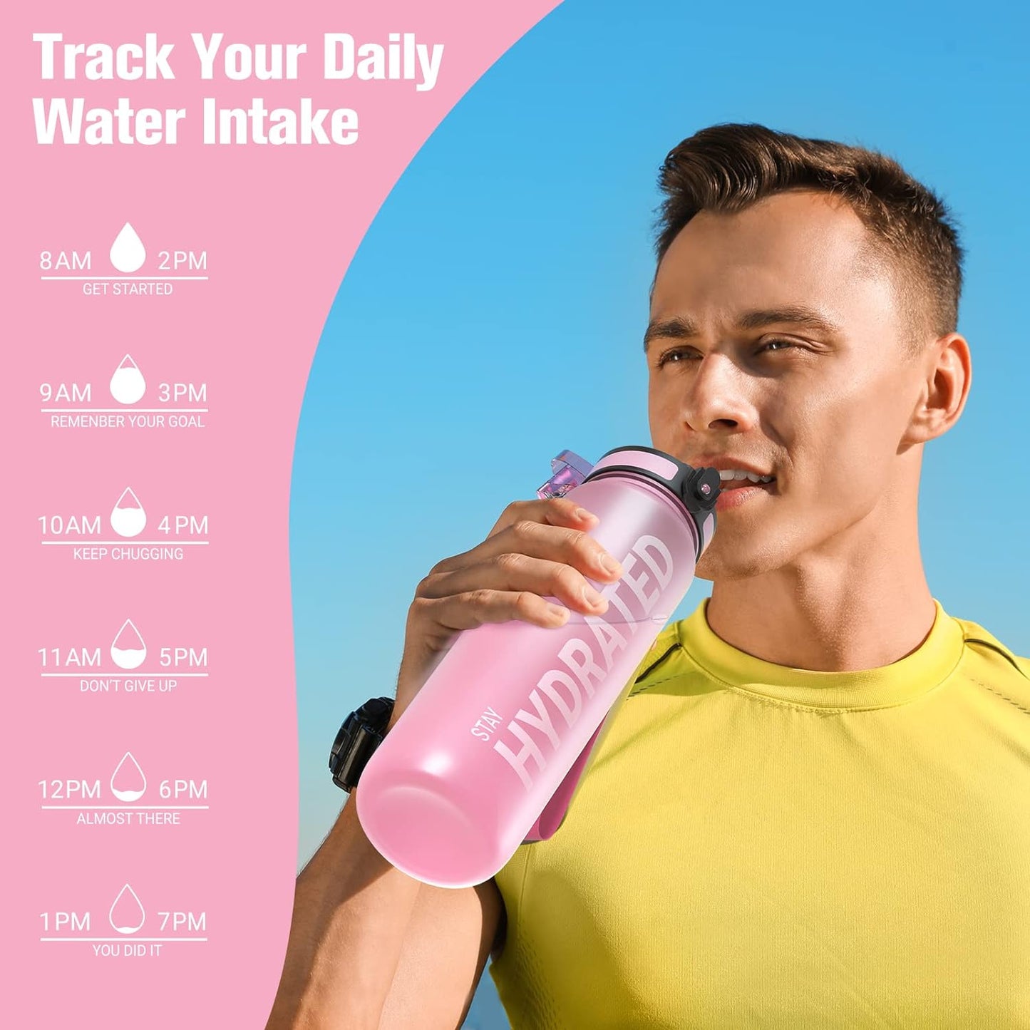 Sahara Sailor Trinkflasche, 950ml Motivations-Sportflasche mit Zeitmarkierung – Trinkzeiten – Tritan, BPA-frei, weite Öffnung auslaufsicher, Fast-Flow-Technologie mit Reinigungsbürste (1 Flasche)