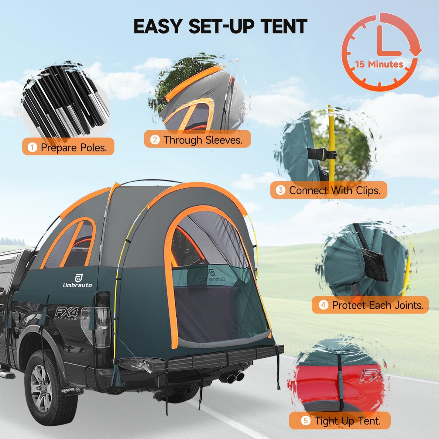 Truck Bed Tent 5.5-6ft: Easy Set Up Umburato Pickup Truck Tents for Camping, Waterproof PU3000mm Canopy for Truck Camper, Portable, Spacious for 2 Person Green