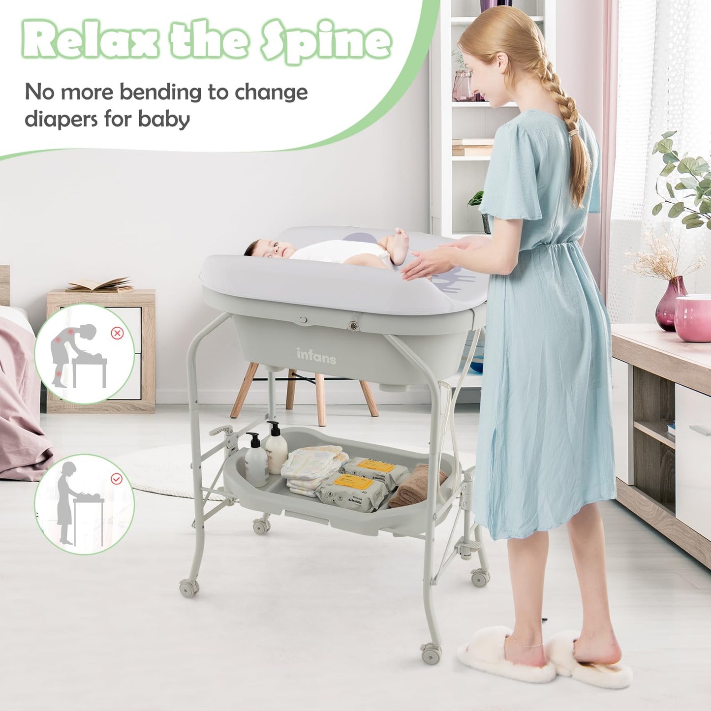 INFANS 2 in 1 Baby Changing Table with Bath Tub Unit, Folding Diaper Dresser Station with Wheels Waterproof Pad Storage Rack, Portable Nursery Organizer Stand for Newborn Infant