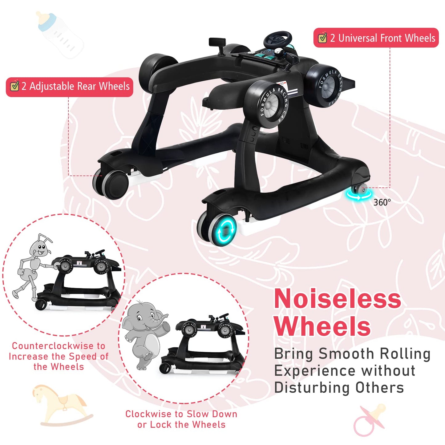 BABY JOY 4-in-1 Baby Walker, Foldable Activity Walker with Adjustable Height & Speed, Music, Lights, Anti-Rollover, Toddler Push Walker, Baby Walker with Wheels for Boys Girls 6-18 Months (Pink)