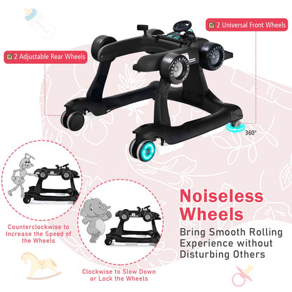 BABY JOY 4-in-1 Baby Walker, Foldable Activity Walker with Adjustable Height & Speed, Music, Lights, Anti-Rollover, Toddler Push Walker, Baby Walker with Wheels for Boys Girls 6-18 Months (Pink)