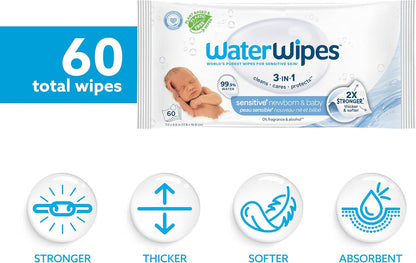 WaterWipes Sensitive+ Baby-Feuchttücher für Neugeborene und Babys, 3-in-1 reinigt, pflegt, schützt, 99,9 % Wasser, unparfümiert & hypoallergen, 720 Stück (12 Packungen)