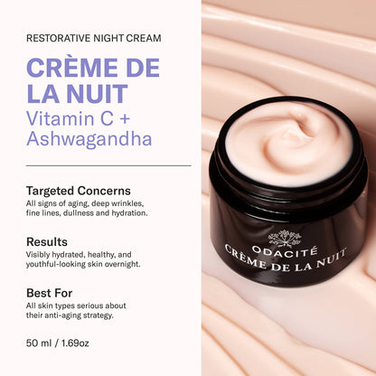 Odacité Night Cream with Vitamin C & Ashwagandha - Creme De La Nuit Glow Recipe - Anti Aging Facial Moisturizer for Dry Skin, Wrinkles, Fine Lines, Dullness & Hydration - Non-GMO, 1.69 fl. oz
