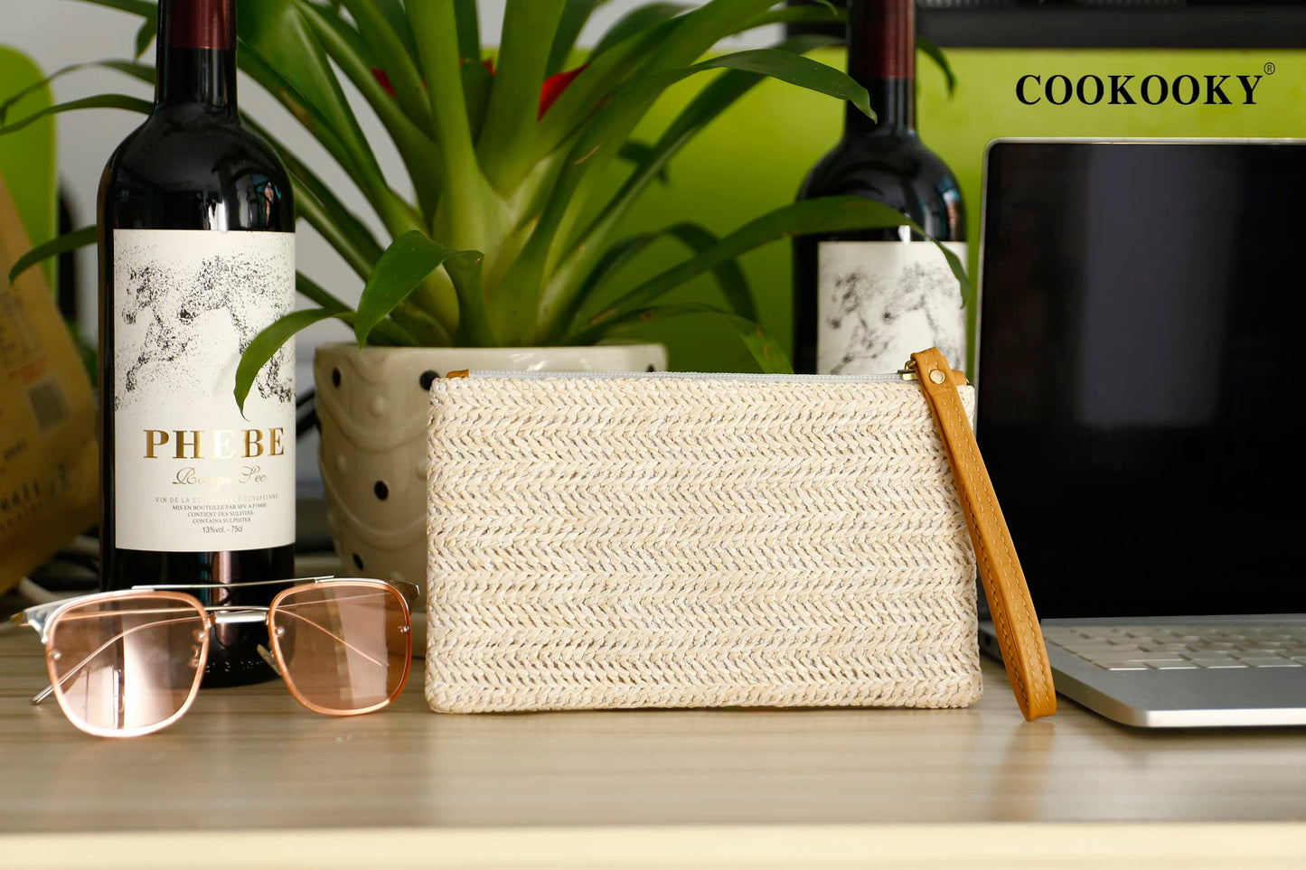 COOKOOKY Damen Stroh-Clutch, böhmische Reißverschluss-Handgelenktasche, Sommer Strand Meer Geldbörse (Beige-Weiß)