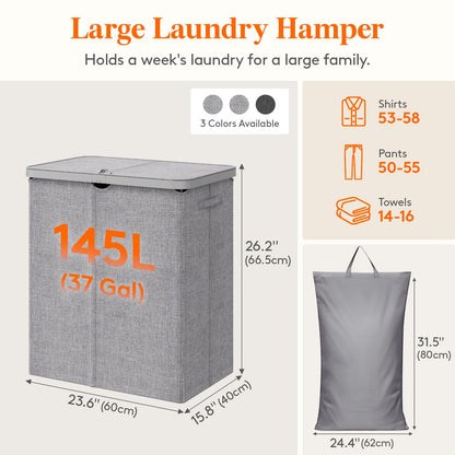 Lifewit 105L Large Laundry Basket with Lid, Laundry Hamper with Plastic Handles and Removable Bag, Foldable Tall Dirty Clothes Hampers for Laundry for Laundry Room, Bedroom, Bathroom, Dorm, Beige