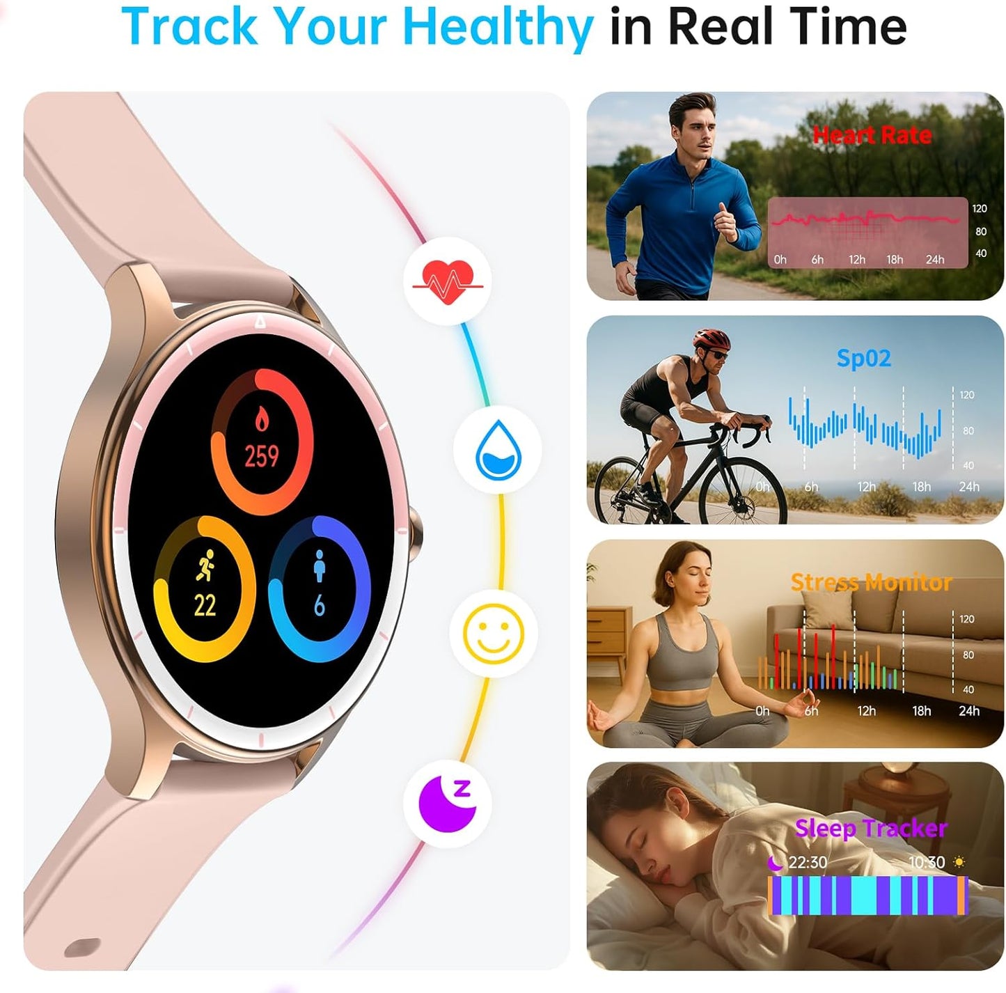 Smartwatch für Herren Damen, 1,27" HD Touchscreen Fitness Tracker, Bluetooth Anrufe, über 100 Sportmodi, Herzfrequenz-Schlafmonitor, DIY Zifferblatt, IP68 Wasserdicht, kompatibel mit Android & iOS