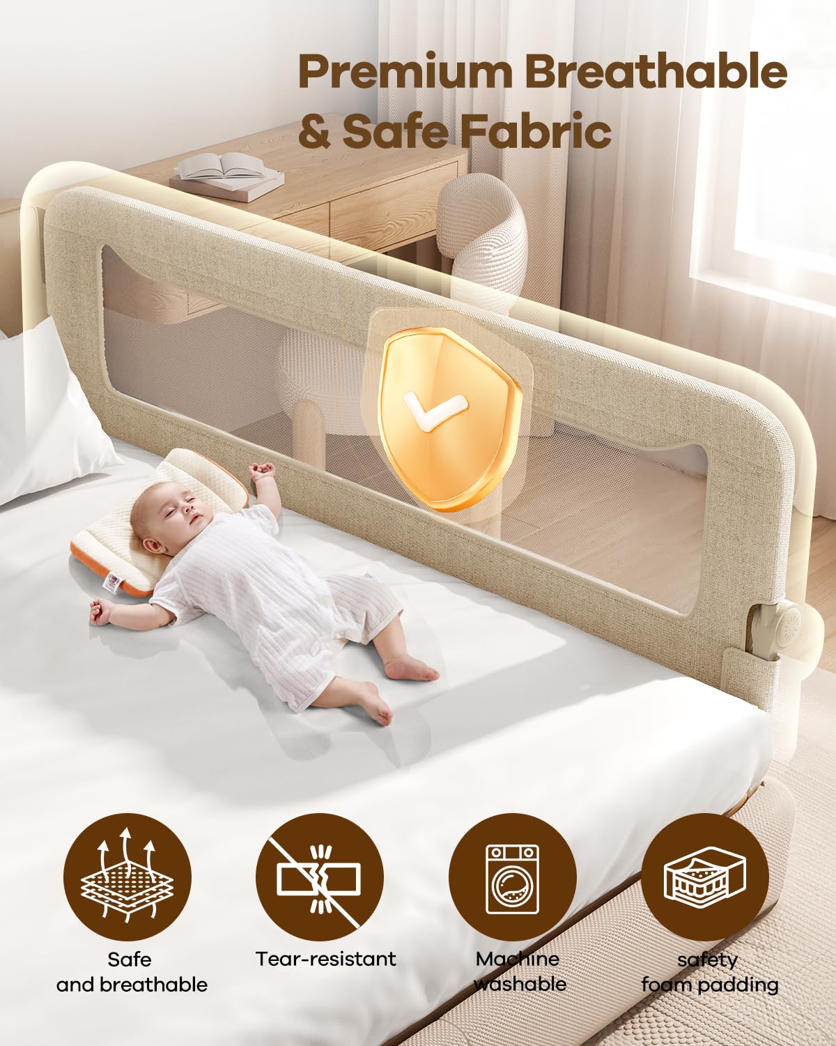 Foldable Bed Rail for Toddlers, 71in Reinforced Carbon Steel Frame&Connectors, Breathable Cationic Fabric - Safety Toddler Bed Rails for Queen, King, Twin, Full, No-Tool Setup.