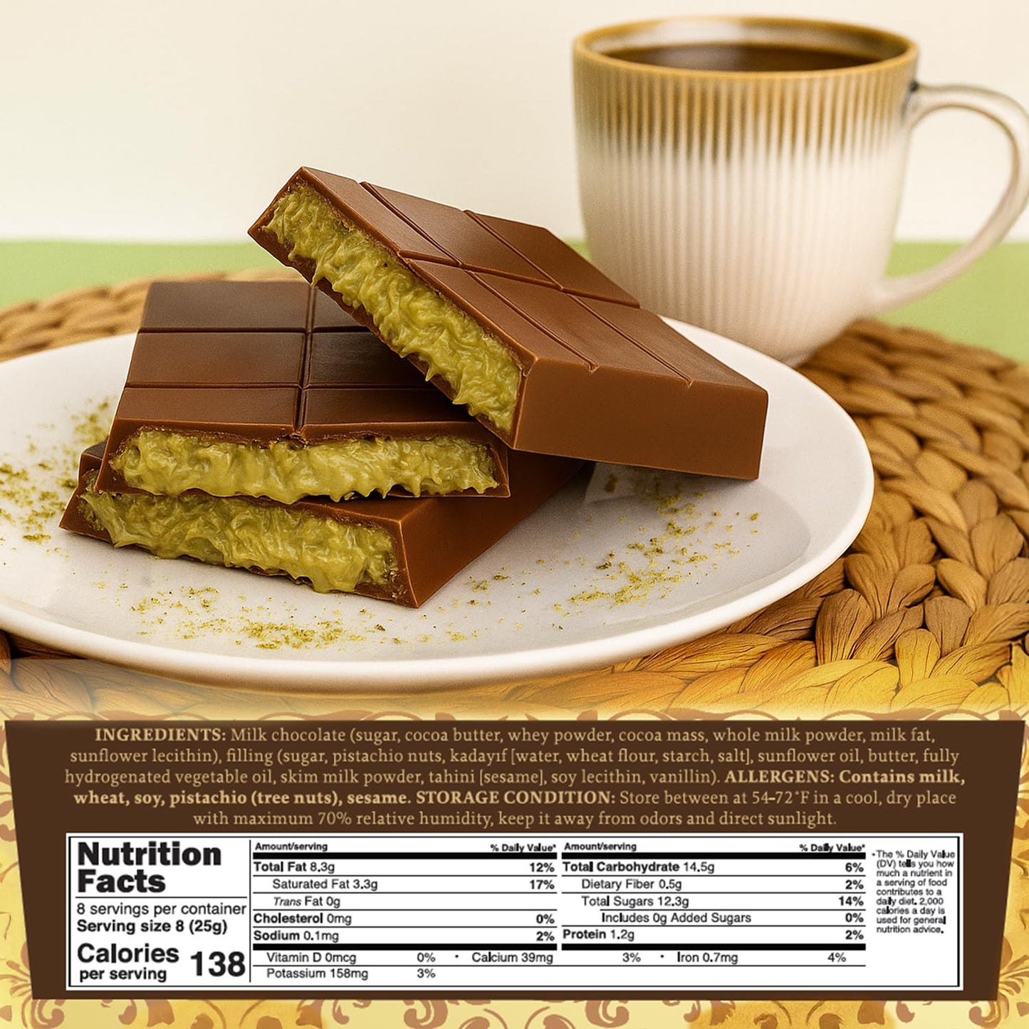 Barra de chocolate crujiente con Knafeh, pistacho, de Dubái, 7 oz | Famosa barra de chocolate con Kunafa de Dubái | Kunafe crujiente con pasta de pistacho | Regalo de postre gourmet