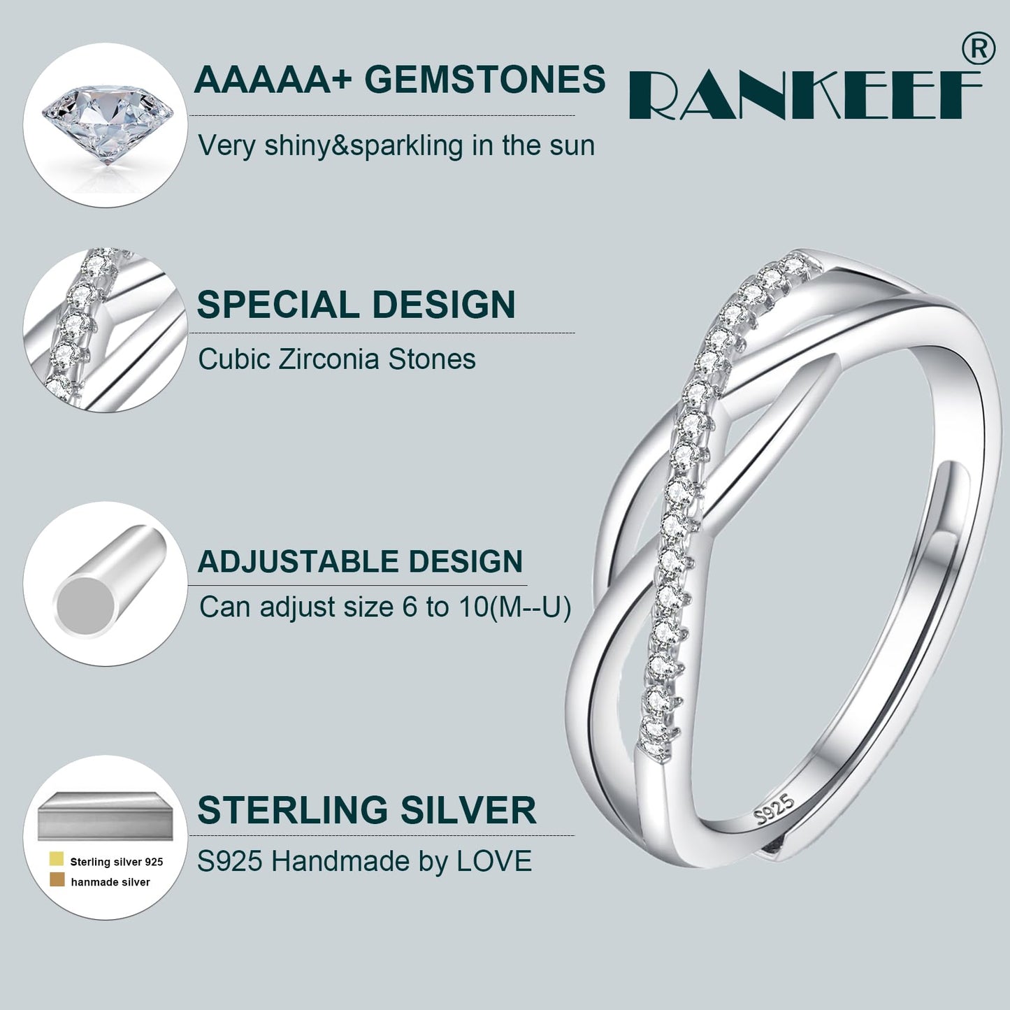 OOOPEL Sterlingsilber Verstellbarer Ring S925 Silberringe für Frauen Zirkonia Twist Liebesknoten Zarter Ring Silber Minimalistischer Offener Fingerring Silber Daumen Sterlingsilberring