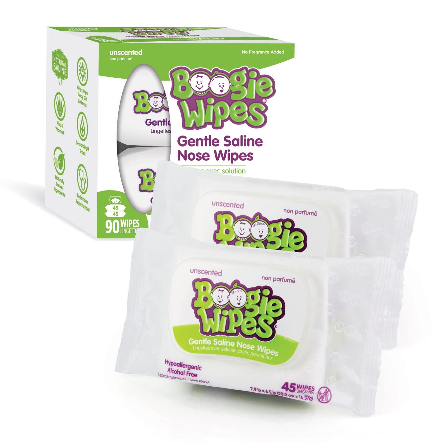 Saline-Nasen-Tücher von Boogie, für Babys & Kinder, Gesicht, Hände & Körper, mit Vitamin E, Aloe und natürlicher Salzlösung, unparfümiert, 90 Stück (1er-Pack)