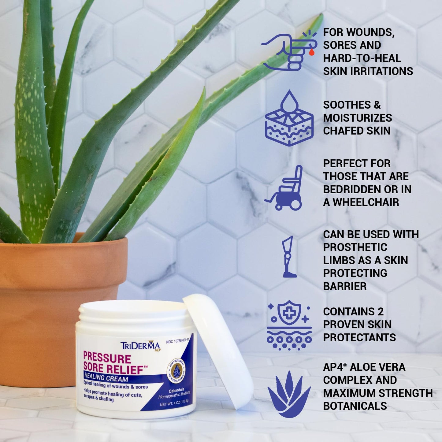 TriDerma MD Pressure Sore Relief Healing Cream for Bed Sores, Pressure Sores, Wound Healing, Chafed Skin and Hard-to-Heal Skin Sores with Calendula and AP4 Aloe Vera Gel, 4 oz Tube
