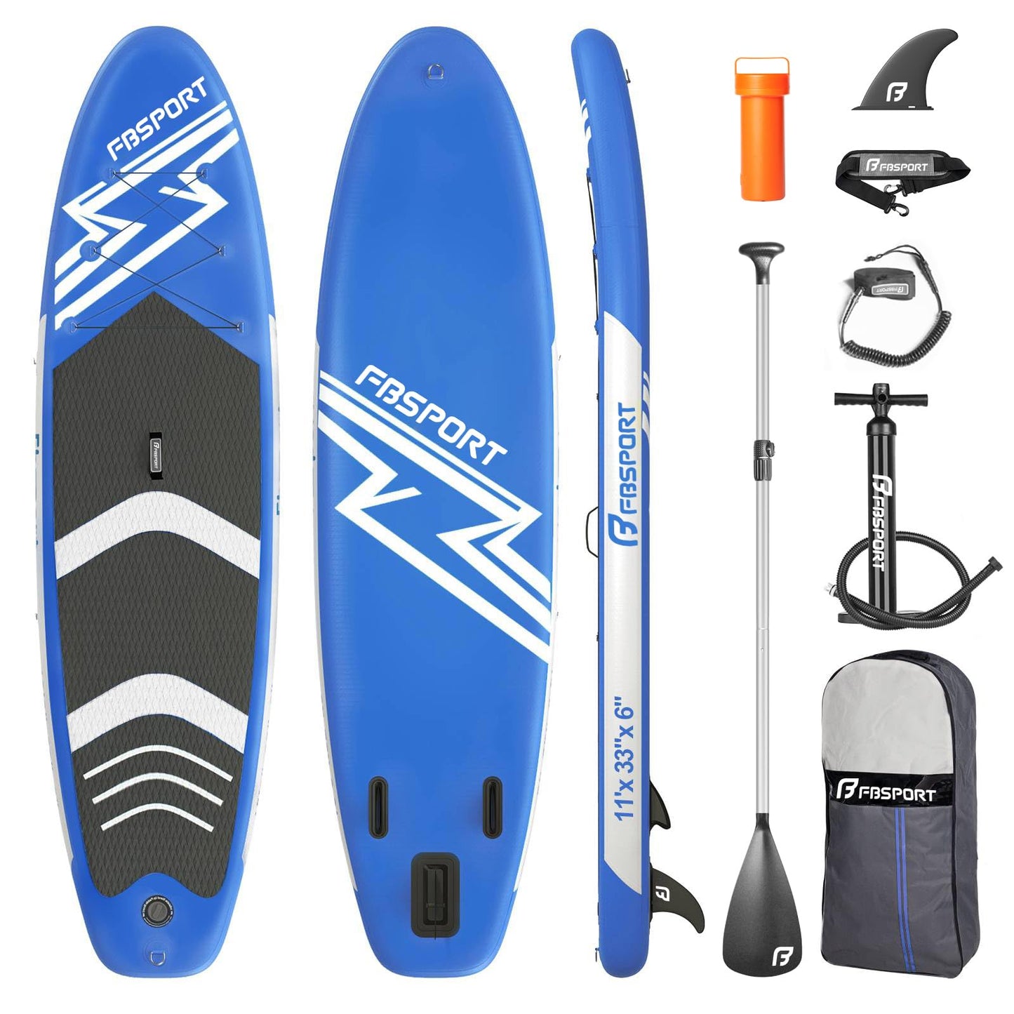 FBSPORT 11' Premium Stand Up Paddle Board, Yoga Board with SUP Accessories & Carry Bag | Wide Stance, Surf Control, Non-Slip Deck, Leash, Paddle and Pump for Youth & Adult