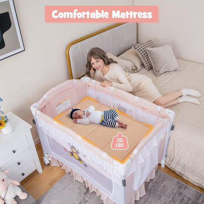 BABY JOY 4 in 1 Pack and Play with Canopy, Portable Baby Playard with Bassinet, Double-Layer Baby Crib, Wheels & Brake, Foldable Baby Girl Pink Bassinet from Newborn to Toddler