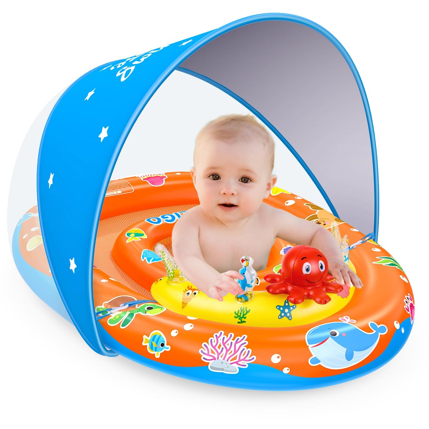 EZIGO Baby Pool Float with Canopy UPF50+ Sun Protection, Inflatable Kids Pool Floats with Ocean Animal Toys for Baby 6-36 Months, Infant Swimming Float with Adjustable Safety Seat for Boys Girls