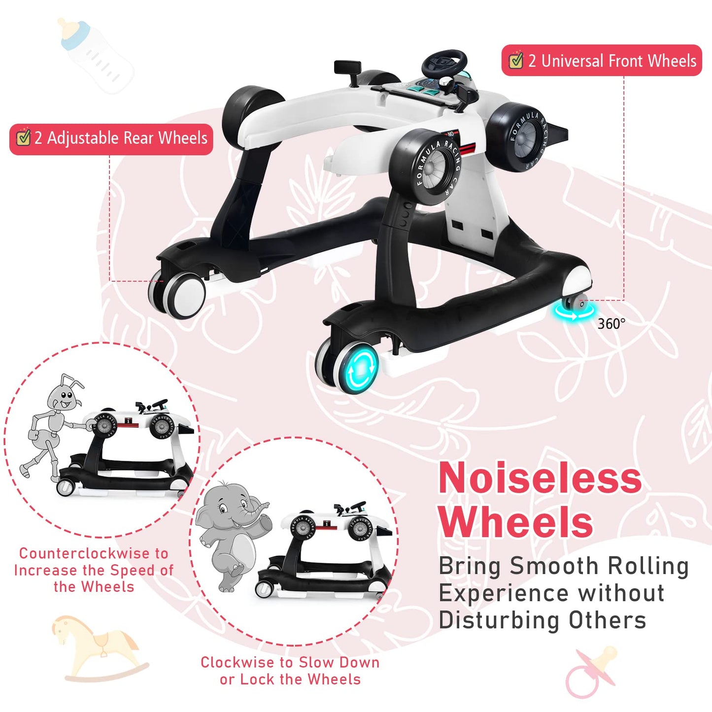 BABY JOY 4-in-1 Baby Walker, Foldable Activity Walker with Adjustable Height & Speed, Music, Lights, Anti-Rollover, Toddler Push Walker, Baby Walker with Wheels for Boys Girls 6-18 Months (Pink)