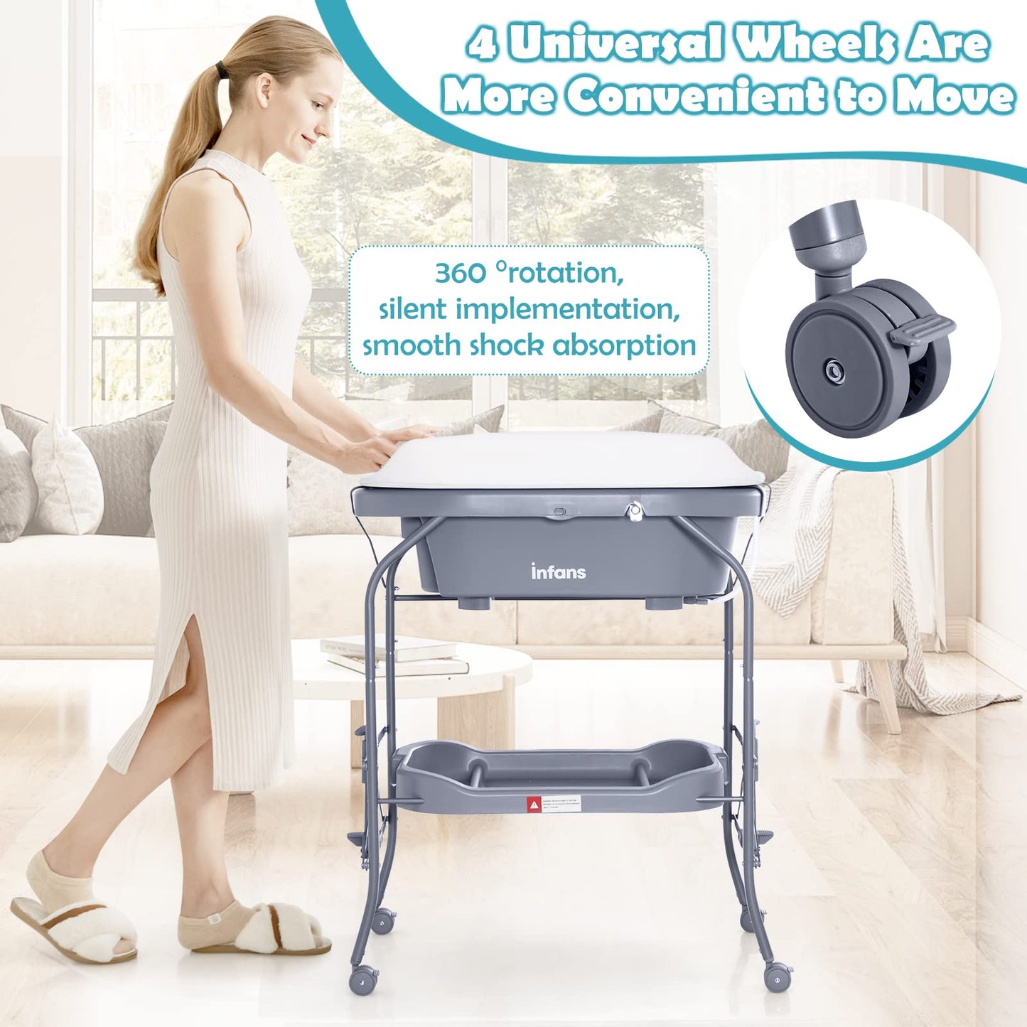 INFANS 2 in 1 Baby Changing Table with Bath Tub Unit, Folding Diaper Dresser Station with Wheels Waterproof Pad Storage Rack, Portable Nursery Organizer Stand for Newborn Infant