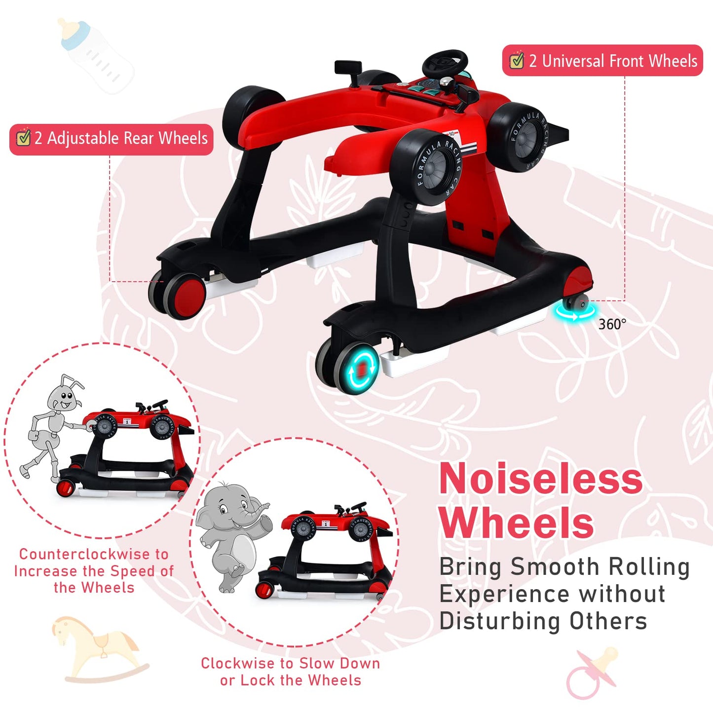BABY JOY 4-in-1 Baby Walker, Foldable Activity Walker with Adjustable Height & Speed, Music, Lights, Anti-Rollover, Toddler Push Walker, Baby Walker with Wheels for Boys Girls 6-18 Months (Pink)