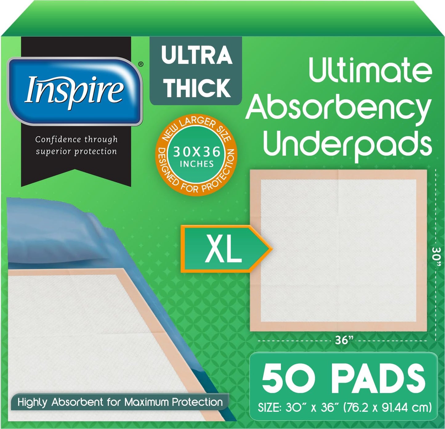 Inspire Super Absorbent Disposable Bed Pads for Chronic Incontinence Ultra Thick and Absorbent Bed Pads Disposable Adult | Pee Pads for Adults (36" X 36" Pack of 50) XX Large