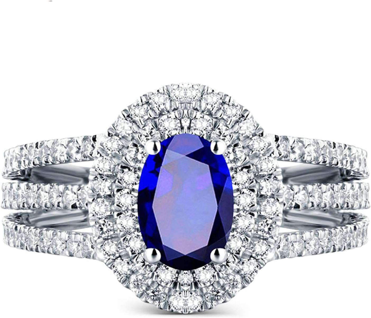 Aienid 18Ct White Gold Wedding Rings for Women 4 Claws Oval Blue Sapphire with Shinny Diamond Wedding Rings for Women